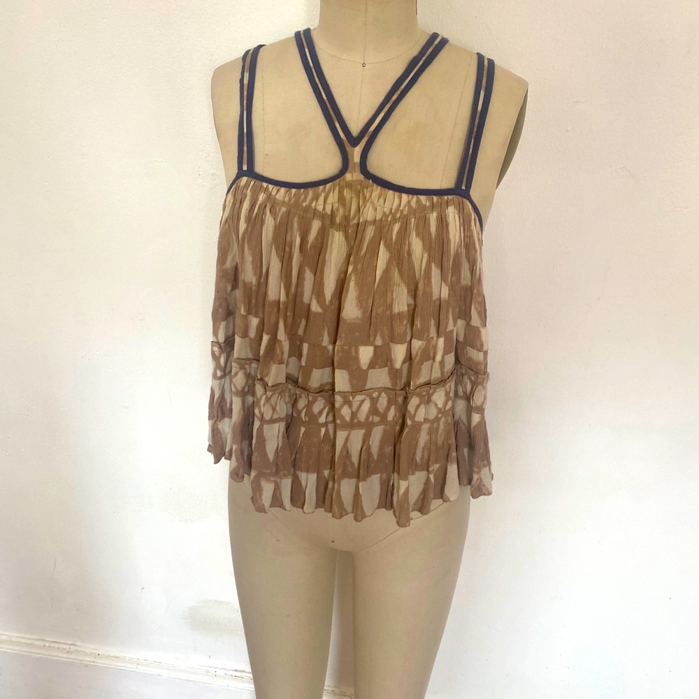 Free people fp one printed cotton/rayon tank with piping and pleating details S